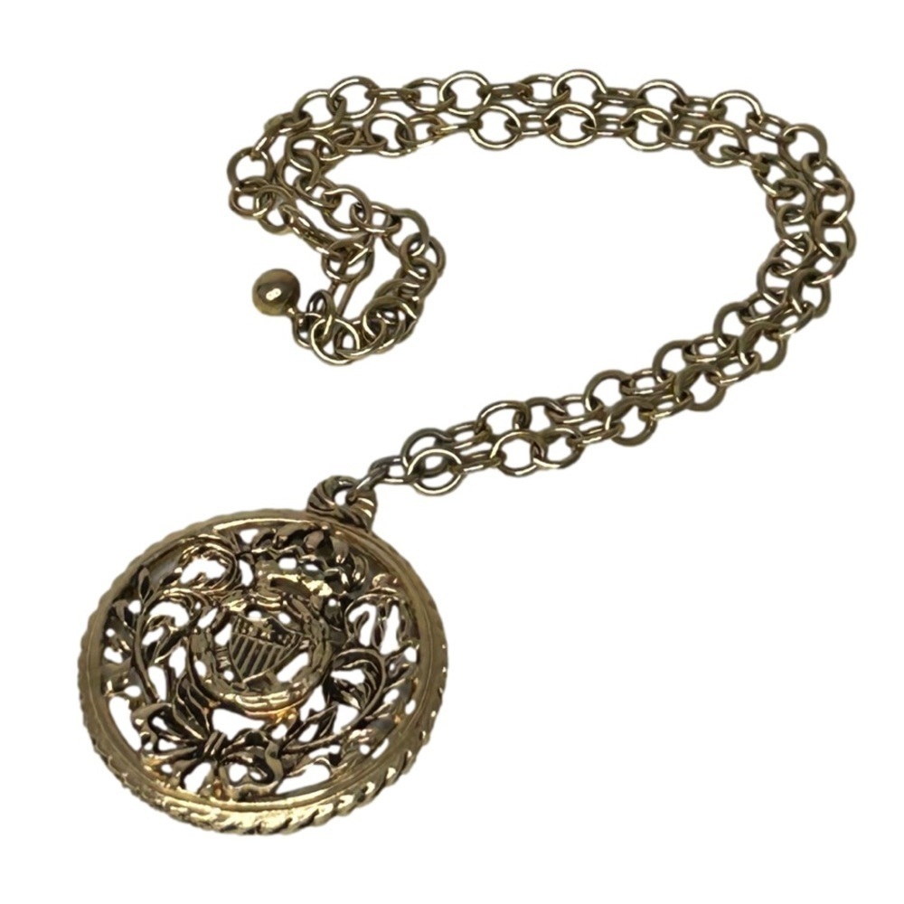 Vintage Family Crest Style Necklace Gold Tone